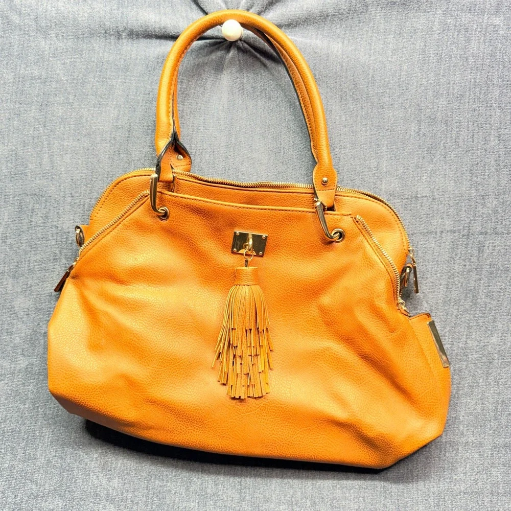 Big Buddha Satchel Womens Large Mustard Yellow Vegan Leather Slouchy Tassel Bag